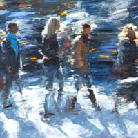 Buy a painting of people during the snow called brisk stroll.