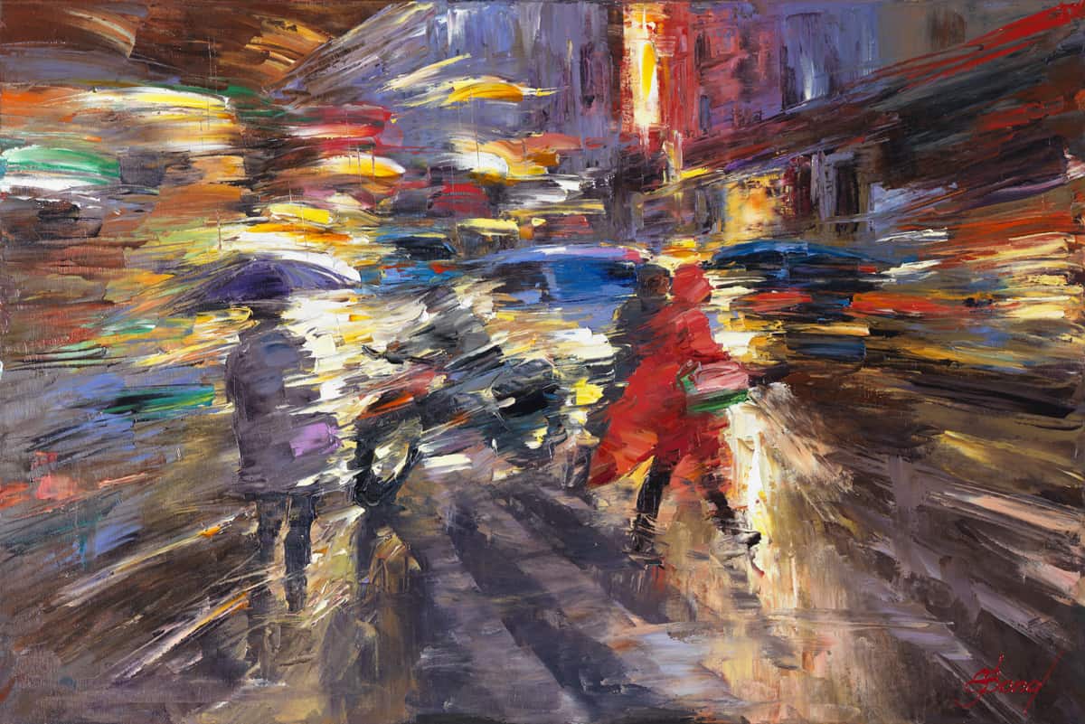 Buy a painting of people in the rain coat called red rain coat