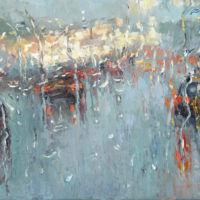 Buy a painting of people under the rain called Through Rain or Shine.