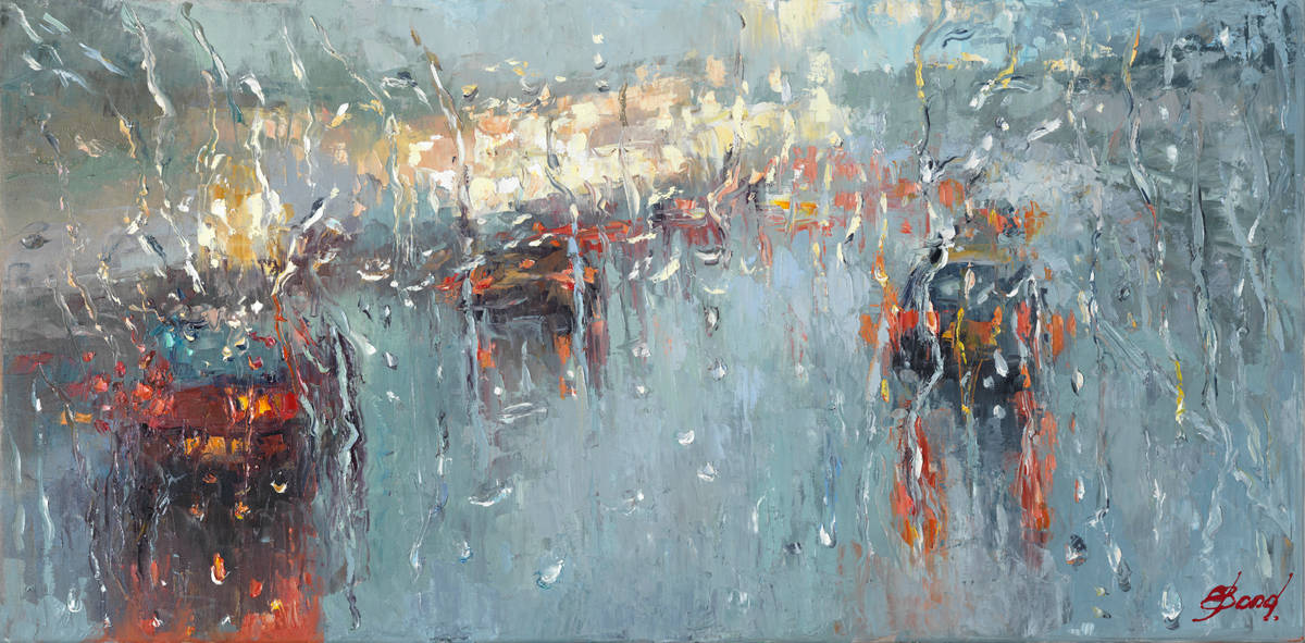 Buy a painting of people under the rain called Through Rain or Shine.