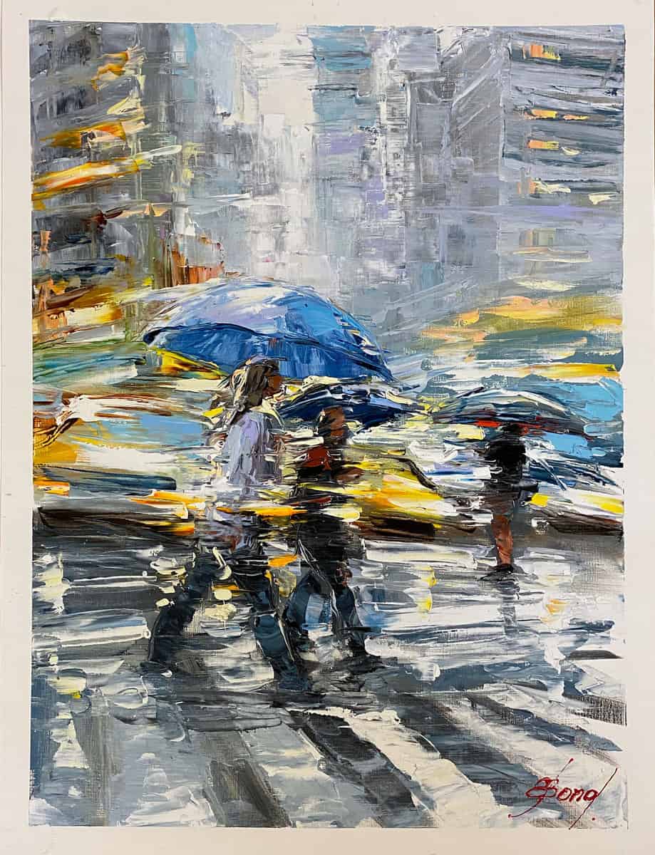 Buy a painting of people with umbrella called First We Take Manhattan