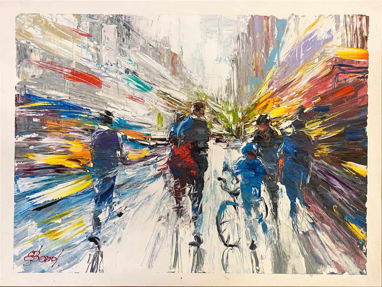 Buy a painting of a bike and people called The Path I've Chosen