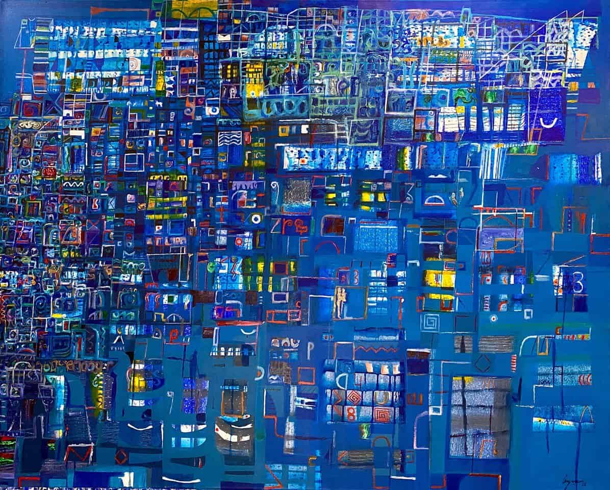 Buy Acrylic on Canvas of a City at Night from the Sky| Secretos detrás del patio de una luna | MAC Art Galleries