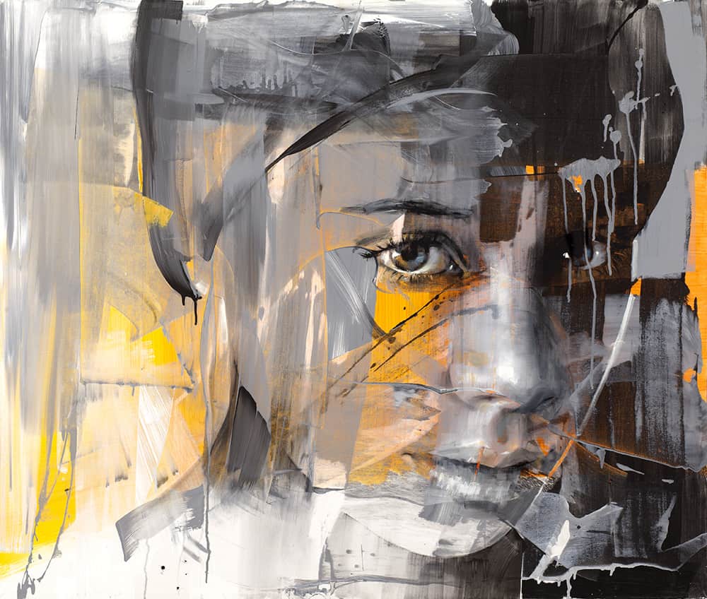 Buy Oil on Linen of Face on Background of Goldenrod Yellow, Black, and Grey | Face Splash 28-819 | MAC Art Galleries