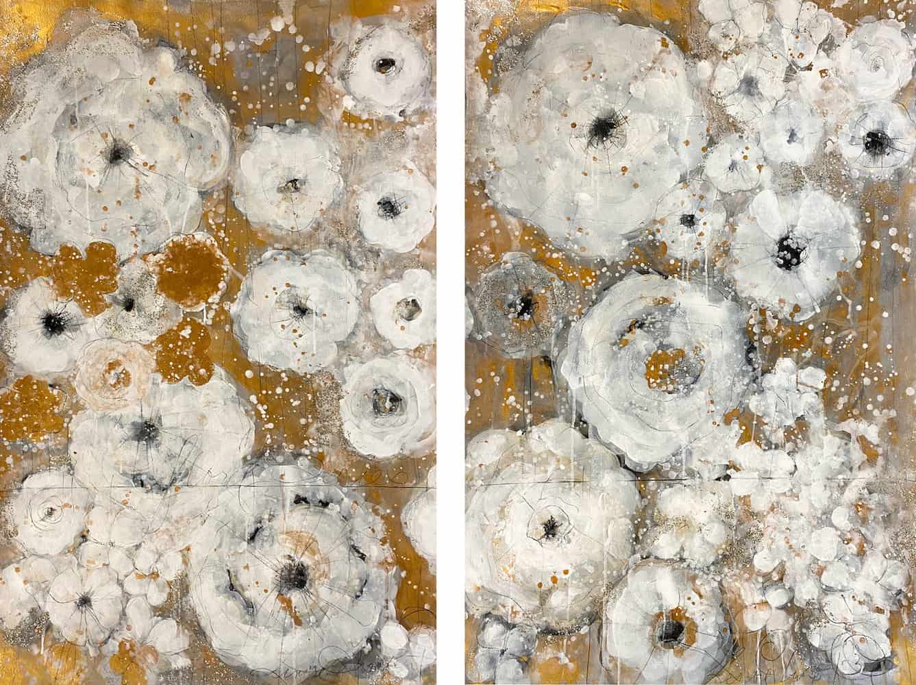 Buy Mixed Media on Paper of White Flowers on Gold Background | Gold Flora | MAC Art Galleries