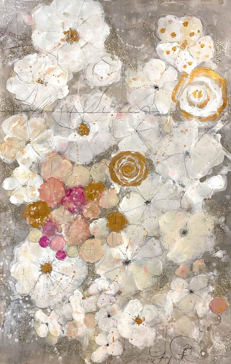 Buy Mixed Media on Paper of White Stone-Like Flowers with Pink | Silver Flora | MAC Art Galleries